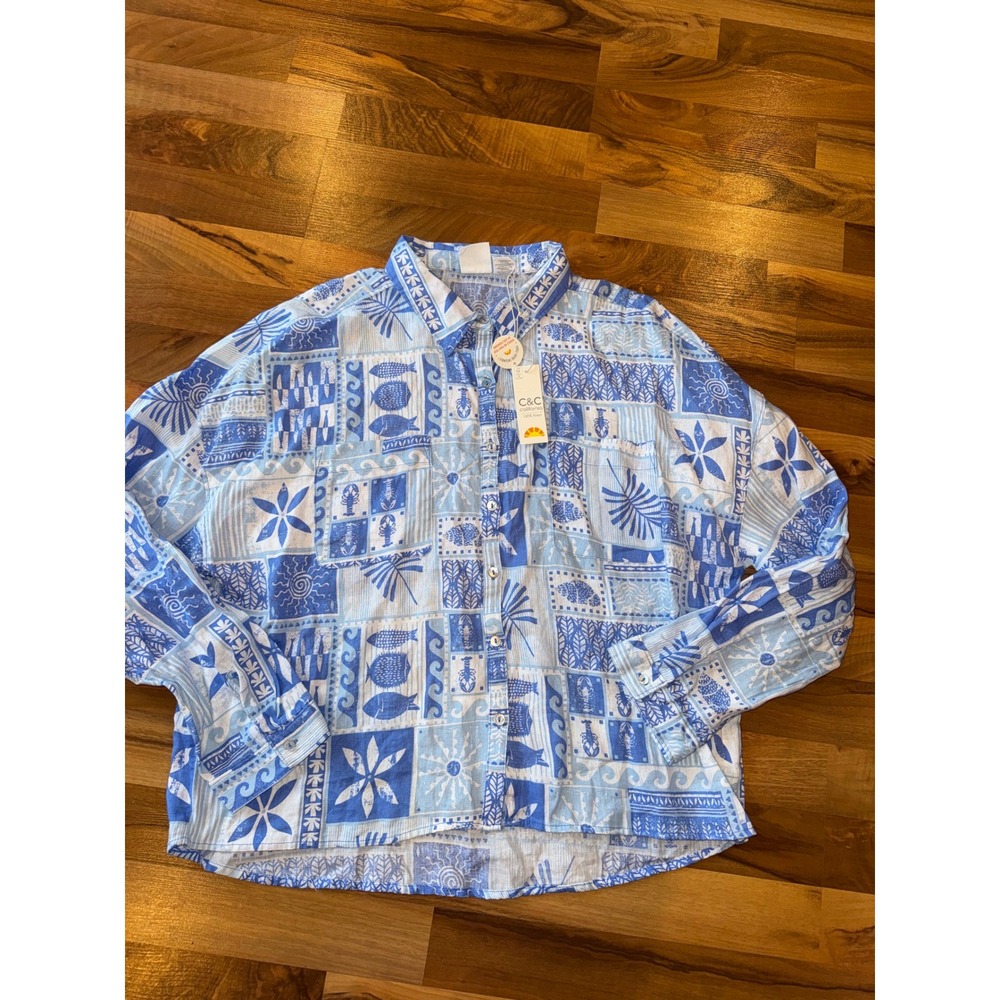 C&C California Linen Tropical Fish Print Button Down Shirt Women's XL Blue White